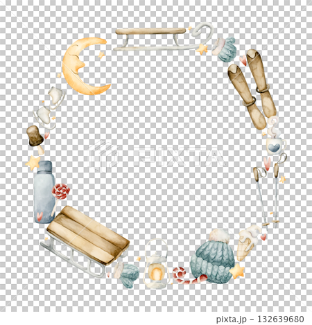 Wooden sleigh, skis, ice skates, winter knitted wear wreath. Watercolor hand drawn illustration isolated on white background for winter fun sport design Christmas card baby nursery kids holiday print Wooden sleigh, skis, ice skates, winter knitted wear wreath. Watercolor hand drawn illustration isolated on white background for winter fun sport design Christmas card baby nursery kids holiday print 132639680