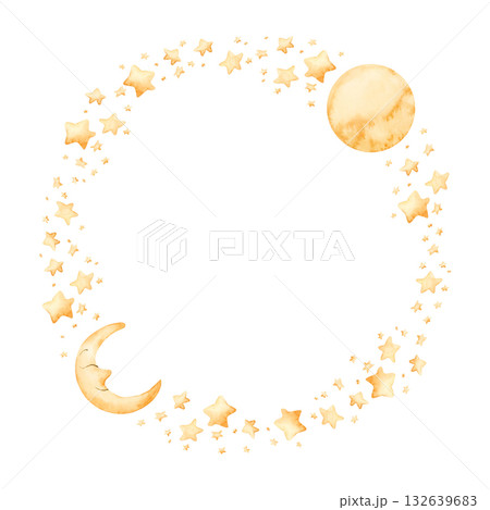 Cute golden moon crescent stars wreath. Watercolor hand drawn illustration isolated on white background for baby nursery kids children design holiday print Ramadan card invitation template label logo Cute golden moon crescent stars wreath. Watercolor hand drawn illustration isolated on white background for baby nursery kids children design holiday print Ramadan card invitation template label logo 132639683