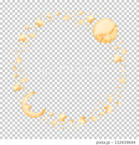 Cute golden moon crescent stars wreath. Watercolor hand drawn illustration isolated on white background for baby nursery kids children design holiday print Ramadan card invitation template label logo 132639684