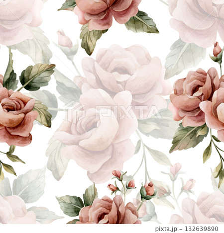 Roses with leaves seamless pattern on white background. Dusty pink garden Victorian flower. Watercolor hand painted floral illustration for wedding design home textile fabric cosmetic package wrapping 132639890