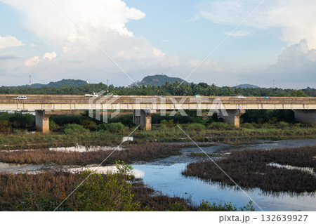 Concrete highway bridge spans a marshy river with passing cars 132639927