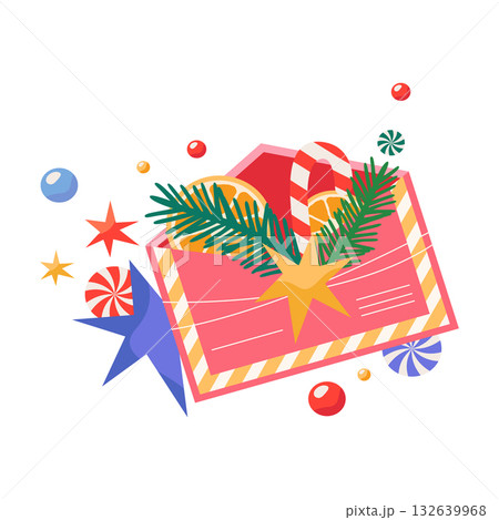 New year letter or winter holiday greeting. Vector envelope with candy or sweets, treat. Festive correspondence card for invitation and merry Christmas celebration. December Xmas post message symbol 132639968