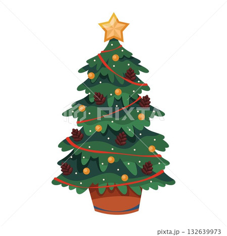 Vector Christmas or New Year tree. Evergreen decorated spruce, fir or pine with baubles and garlands, ribbons and star. Winter holiday and festive, seasonal celebration symbol. Gift, present tradition Vector Christmas or New Year tree. Evergreen decorated spruce, fir or pine with baubles and garlands, ribbons and star. Winter holiday and festive, seasonal celebration symbol. Gift, present tradition 132639973