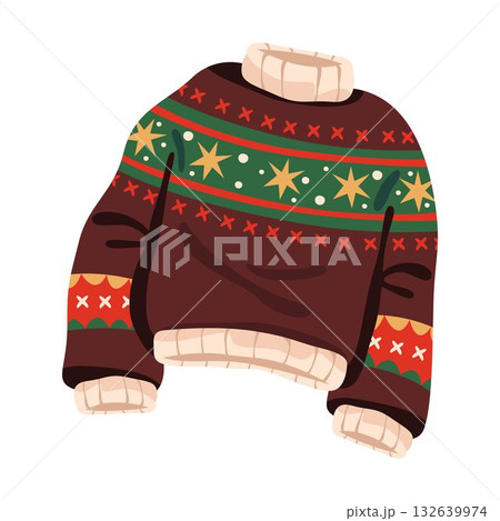 Christmas winter sweater or holiday clothing. Vector apparel for seasonal festive. New year gift, Xmas traditional present. December family fashion. Knitted cloth icon. Wool textile, pullover garment. 132639974
