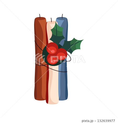 Isolated Christmas candles with ardisia crenata berry. Vector icon for seasonal winter holiday or Xmas festive. New year item or religious accessory for decoration or ornament. Merry festival element. Isolated Christmas candles with ardisia crenata berry. Vector icon for seasonal winter holiday or Xmas festive. New year item or religious accessory for decoration or ornament. Merry festival element. 132639977