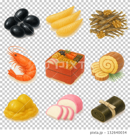 New Year's Osechi cuisine items watercolor illustration 132640034