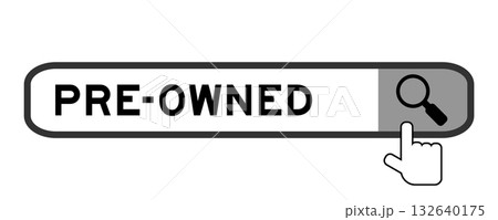 Search banner in word pre-owned with hand over magnifier icon on white background Search banner in word pre-owned with hand over magnifier icon on white background 132640175