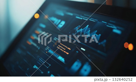 Laptop displaying financial graphs and charts on the screen in a modern office setting Laptop displaying financial graphs and charts on the screen in a modern office setting 132640252