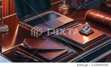 Laptop and pen placed on a wooden desk surface in a brightly lit workspace 132640380