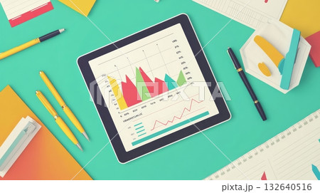 Tablet displaying graphs with a pen and pencil on a wooden desk for data analysis and planning Tablet displaying graphs with a pen and pencil on a wooden desk for data analysis and planning 132640516