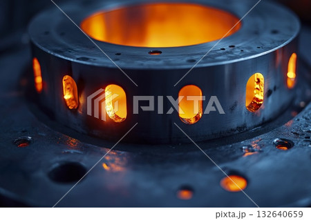 Close up of a metallic object illuminated by orange lights in a dark environment Close up of a metallic object illuminated by orange lights in a dark environment 132640659