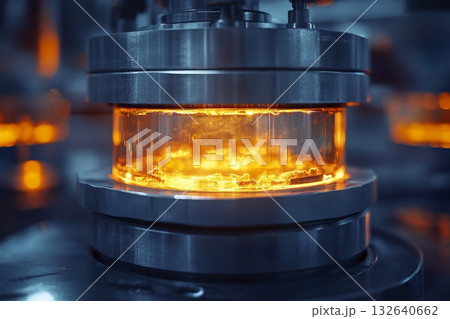 Metal machine with internal flame emitting heat and light in industrial setting 132640662