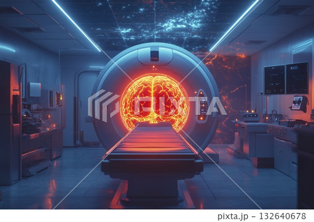 Room with a large mri machine and neon light in a medical facility setting 132640678