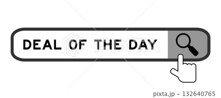 Search banner in word deal of the day with hand over magnifier icon on white background Search banner in word deal of the day with hand over magnifier icon on white background 132640765
