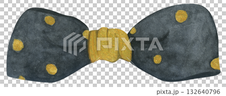 Watercolor Illustration of a Black Bow with Gold 132640796