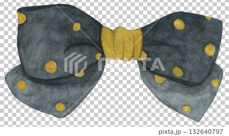 Watercolor Illustration of a Black Bow with Gold 132640797