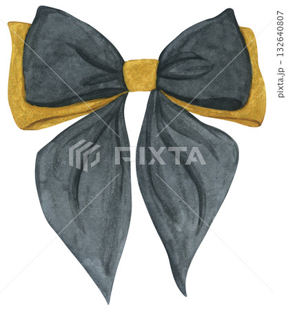 Watercolor Illustration of a Black Bow with Gold Watercolor Illustration of a Black Bow with Gold 132640807
