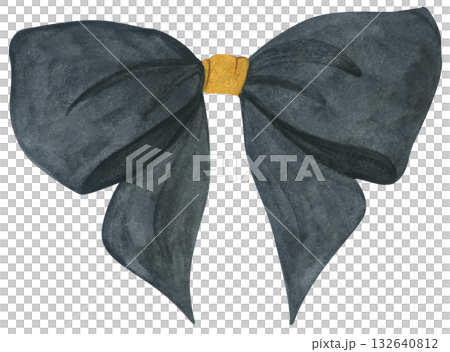 Watercolor Illustration of a Black Bow with Gold 132640812