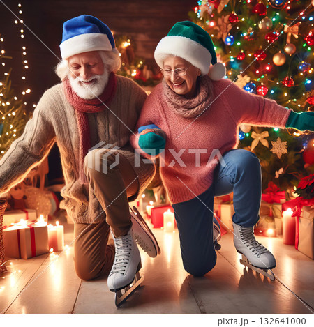 elderly couple skating with smiles on their faces against the background of a Christmas tree and gifts. Holiday season close-up elderly couple skating with smiles on their faces against the background of a Christmas tree and gifts. Holiday season close-up 132641000