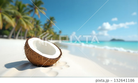 Half coconut on tropical beach with palm trees and blue ocean. 132641186