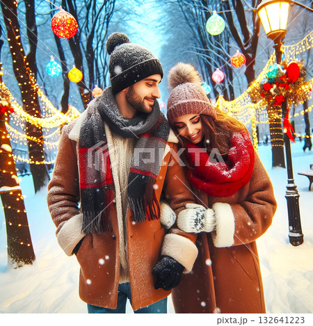 boy and girl walk instead holding hands along alley decorated for Christmas and New Year's holiday Holiday Season Christmas time 132641223