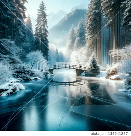 beautiful winter landscape with frozen lake, snow-covered trees and mountains in the background, close-up beautiful winter landscape with frozen lake, snow-covered trees and mountains in the background, close-up 132641227