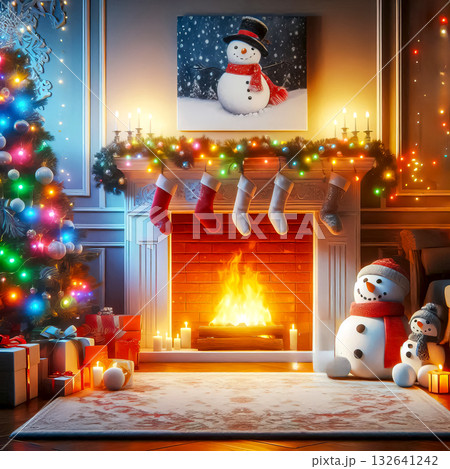 snowman with christmas gifts by the fireplace and christmas tree holiday season christmas time snowman with christmas gifts by the fireplace and christmas tree holiday season christmas time 132641242