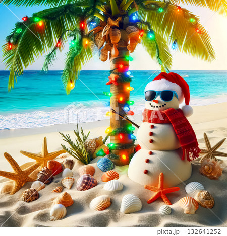 snowman under palm trees bright sun on seashore, christmas in tropics, holiday season 132641252