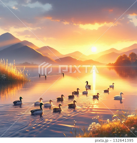 colorful autumn landscape with migratory birds lake in the rays of the setting sun colorful autumn landscape with migratory birds lake in the rays of the setting sun 132641395