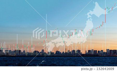 日本の経済成長と市場動向を可視化する都市とチャートの融合イメージ 132641609