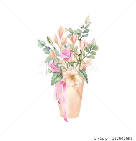 Craft paper cone with delicate flower bouquet, pink ribbon. Floral wrap pack in rustic style with roses, freesia, eucalyptus and pistachio leaves. Watercolor beautiful isolated spring Illustration Craft paper cone with delicate flower bouquet, pink ribbon. Floral wrap pack in rustic style with roses, freesia, eucalyptus and pistachio leaves. Watercolor beautiful isolated spring Illustration 132641693