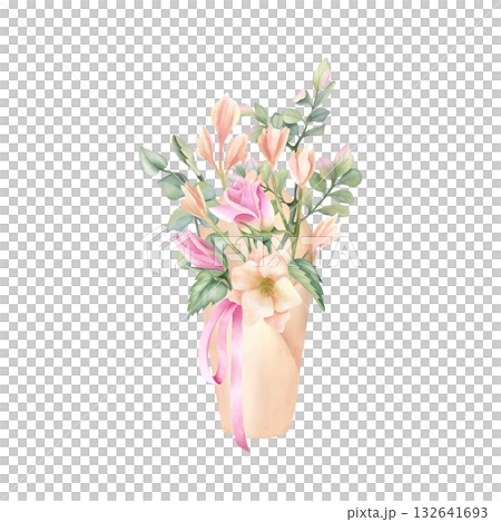 Craft paper cone with delicate flower bouquet, pink ribbon. Floral wrap pack in rustic style with roses, freesia, eucalyptus and pistachio leaves. Watercolor beautiful isolated spring Illustration 132641693