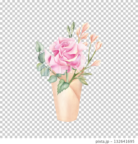Delicate one rose bouquet in paper cone with leaf. Floral wrap pack in rustic style with pink flower, eucalyptus. Botanical floral watercolor illustration isolated from background, spring composition 132641695