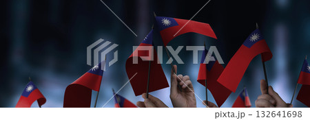 Taiwan flags in their hands on a blurred urban background Taiwan flags in their hands on a blurred urban background 132641698