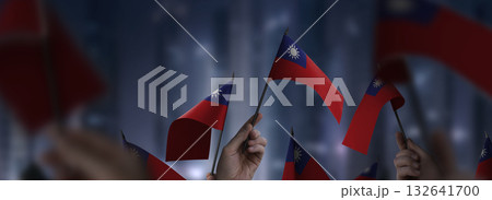Taiwan flags in their hands on a blurred urban background Taiwan flags in their hands on a blurred urban background 132641700