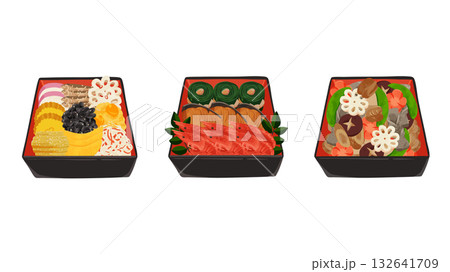重箱のおせち3種類セット 水彩風手描きベクターイラスト 重箱のおせち3種類セット 水彩風手描きベクターイラスト 132641709