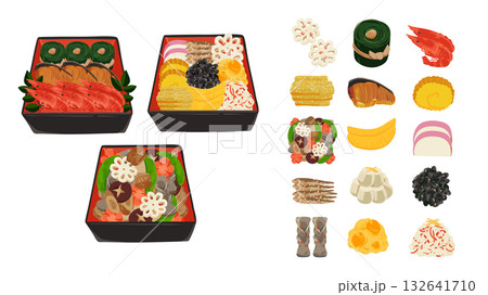 重箱のおせち3種類と品目アイコンセット　水彩風手描きベクターイラスト 132641710