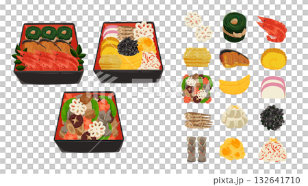 一套包含三種新年菜餚的多層盒子和圖示。水彩風格手繪向量圖。 一套包含三種新年菜餚的多層盒子和圖示。水彩風格手繪向量圖。 132641710