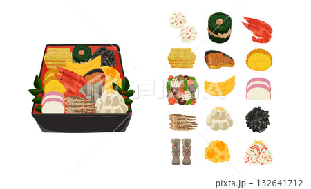 重箱のおせちと品目アイコンセット　水彩風手描きベクターイラスト 132641712