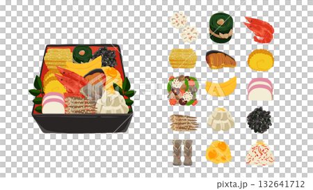 Jubako New Year's food and item icon set - watercolor hand-drawn vector illustration Jubako New Year's food and item icon set - watercolor hand-drawn vector illustration 132641712