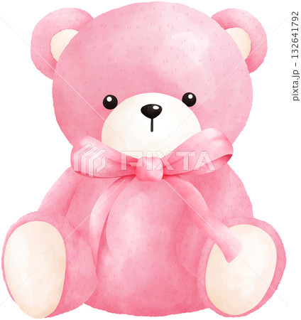 Cute Pink Teddy Bear Watercolor Illustration 132641792