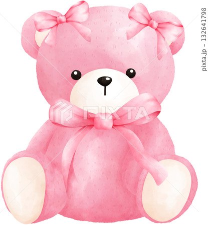 Cute Pink Teddy Bear Watercolor Illustration 132641798