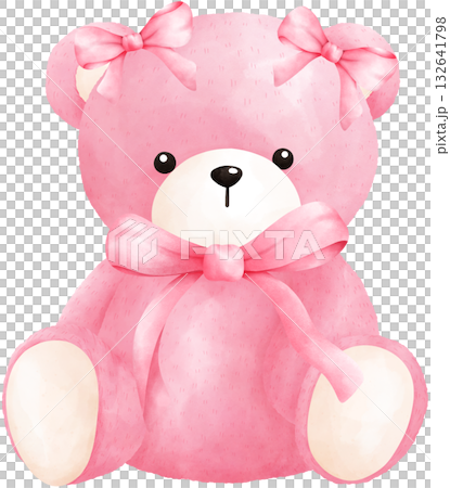 Cute Pink Teddy Bear Watercolor Illustration 132641798
