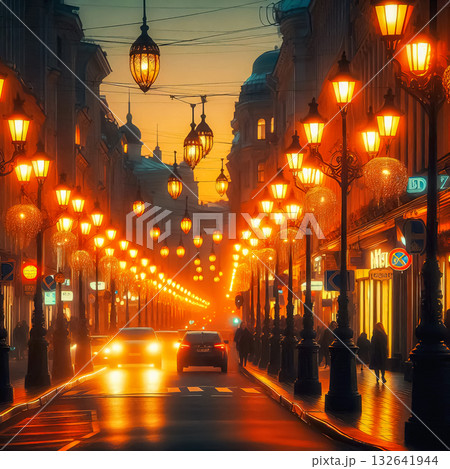 lighting in the night city lights lamps of the night city streets of the night city illuminated by lamps lighting in the night city lights lamps of the night city streets of the night city illuminated by lamps 132641944