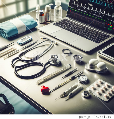 workplace of a modern medical worker table laptop working tools of a medical worker view of a medical worker's desk 132641945