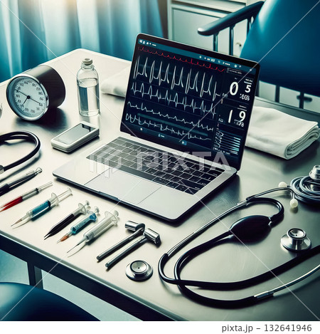 workplace of a modern medical worker table laptop working tools of a medical worker view of a medical worker's desk 132641946