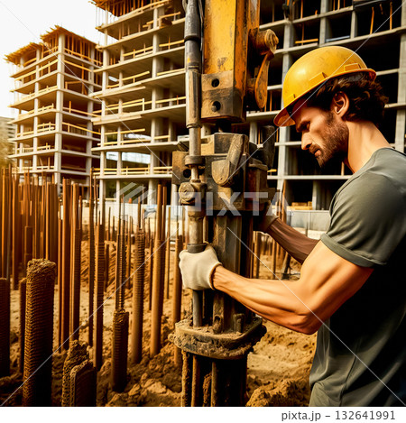 assembly worker works at industrial construction site 132641991
