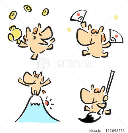 正月の縁起物とかわいい馬のセット　墨絵　富士山　打ち出の小槌　書き初め　扇子 132642253