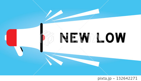 Color megaphone icon with word new low in white banner on blue background 132642271