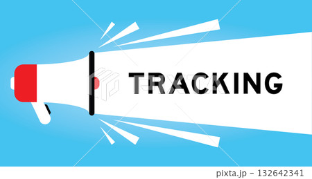 Color megaphone icon with word tracking in white banner on blue background 132642341